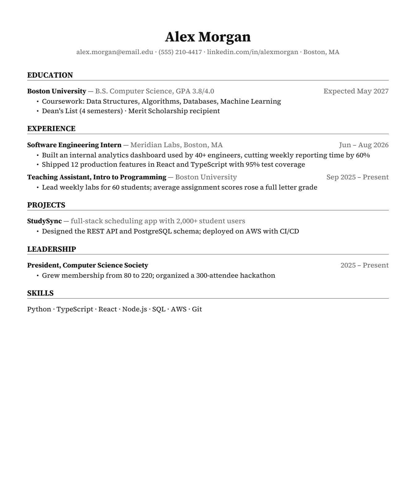Harvard / Ivy League resume template, real export preview